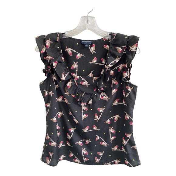 Banana Republic Tops - Banana Republic Petite PM Black Robin Bird Ruffle Flounce Neck Sleeveless Blouse